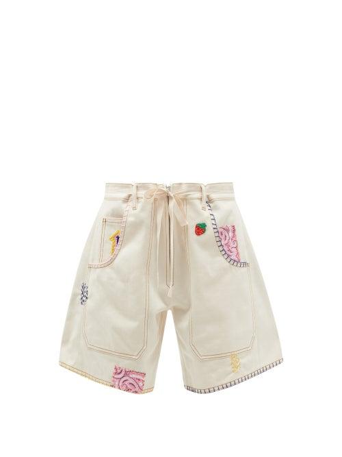 Matchesfashion.com La Fetiche - Jodie High-rise Embroidered Upcycled-denim Shorts - Womens - Cream
