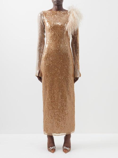 16arlington - Yola Ostrich-feather Trim Sequinned Dress - Womens - Gold