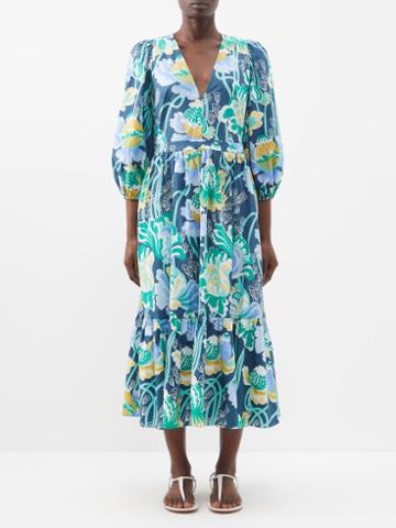 Emporio Sirenuse - Loretta Poppy Cotton-poplin Dress - Womens - Blue Print