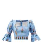 Matchesfashion.com Agua By Agua Bendita - Violeta Hand-embroidered Linen Cropped Top - Womens - Blue Multi