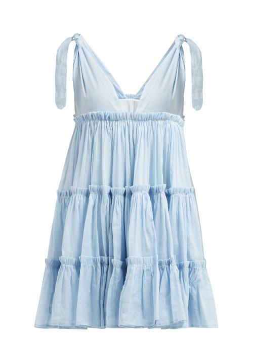 Matchesfashion.com Innika Choo - Tiered Ruffle Trimmed Ramie Mini Dress - Womens - Blue