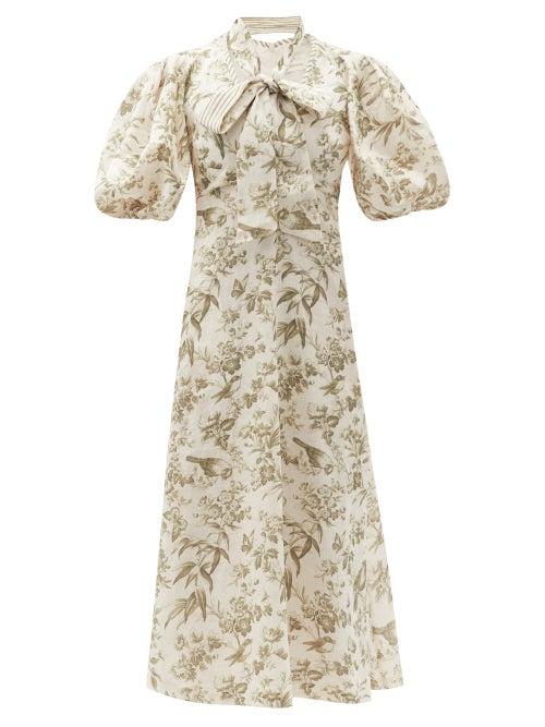 Matchesfashion.com Zimmermann - Puff-sleeve Bird-print Linen Midi Dress - Womens - White Print