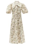 Matchesfashion.com Zimmermann - Puff-sleeve Bird-print Linen Midi Dress - Womens - White Print