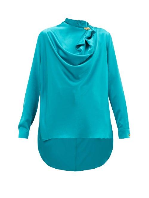 Matchesfashion.com Roksanda - Limela Brooch-embellished Draped Silk-satin Blouse - Womens - Blue