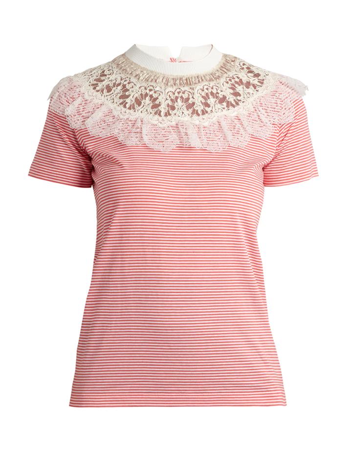 Miu Miu Lace-yoke Striped Cotton T-shirt