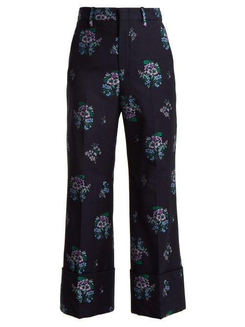 Matchesfashion.com Gucci - Floral Jacquard Cuffed Wide Leg Trousers - Womens - Dark Blue