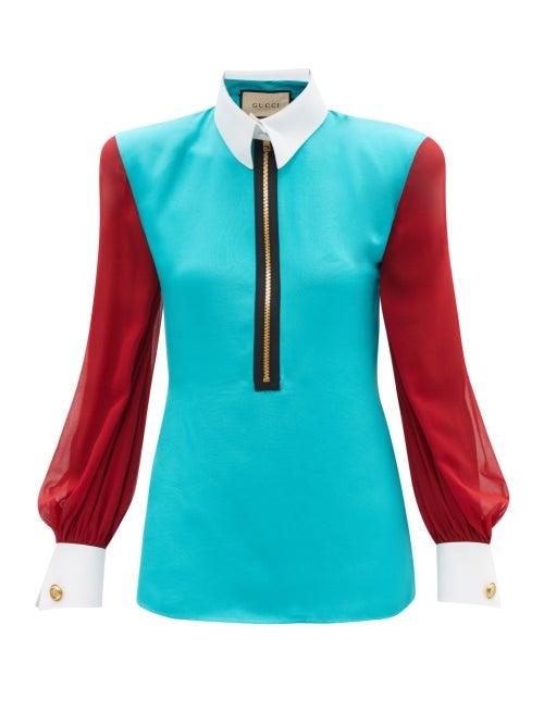 Gucci - Detachable-collar Faille And Silk-georgette Top - Womens - Blue Multi
