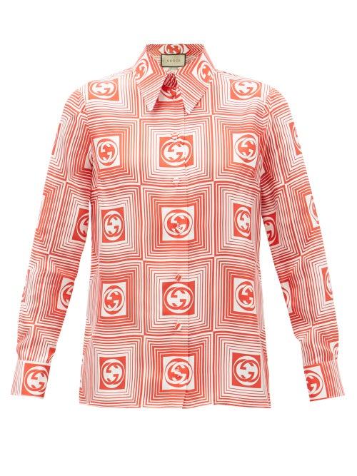 Gucci - Gg Checkerboard-print Silk-twill Shirt - Womens - Red Multi