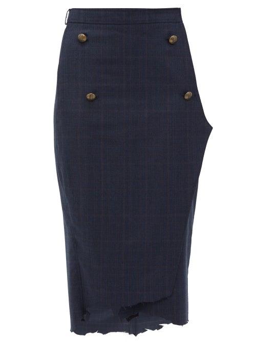 Matchesfashion.com Vetements - Distressed Hem Checked Pencil Skirt - Womens - Navy