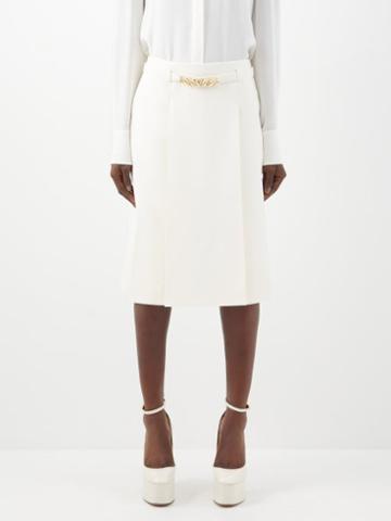Valentino - Crepe Couture V-logo Chain Wool-blend Midi Skirt - Womens - White