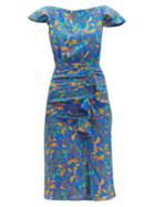 Matchesfashion.com Saloni - Heather Berry Print Bow Front Silk Dress - Womens - Blue Multi