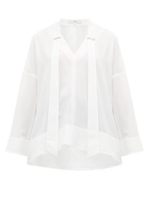 Matchesfashion.com Tibi - Savannah V Neck Crepe Blouse - Womens - White