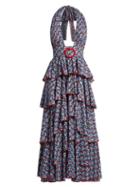 Matchesfashion.com Gl Hrgel - Floral Print Halterneck Tiered Cotton Dress - Womens - Blue Print