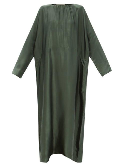 Asceno - Rhodes Bamboo-satin Maxi Dress - Womens - Dark Green