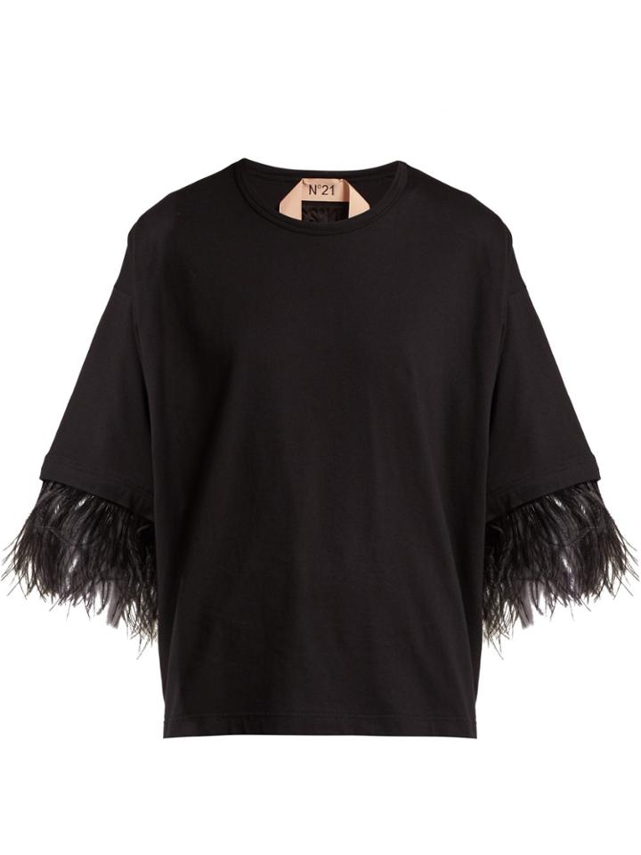 No. 21 Feather-trimmed Short-sleeve Cotton T-shirt
