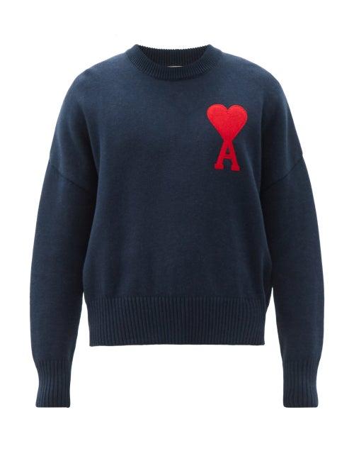 Matchesfashion.com Ami - Oversized Logo-jacquard Cotton-blend Sweater - Mens - Navy