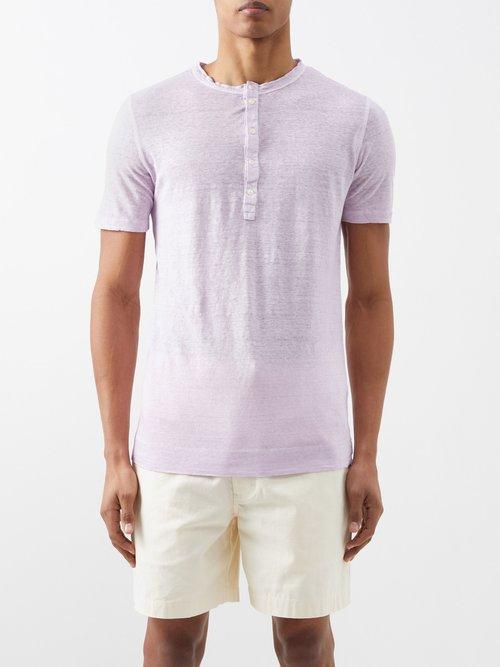 120 Lino 120% Lino - Short-sleeved Linen Henley Top - Mens - Pink