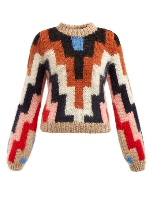 Matchesfashion.com Ganni - Julliard Geometric Mohair And Wool Blend Sweater - Womens - Brown Multi