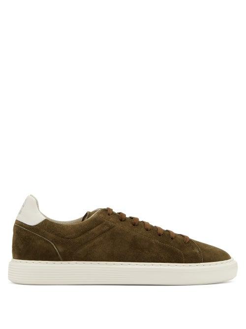 Matchesfashion.com Brunello Cucinelli - Logo-embossed Suede Trainers - Mens - Khaki