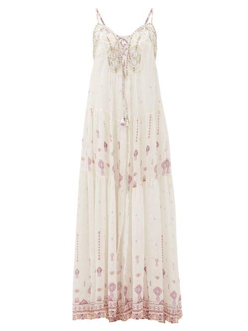 Matchesfashion.com Camilla - Tanami Road Beaded Lace-up Silk-crepe Dress - Womens - White Multi