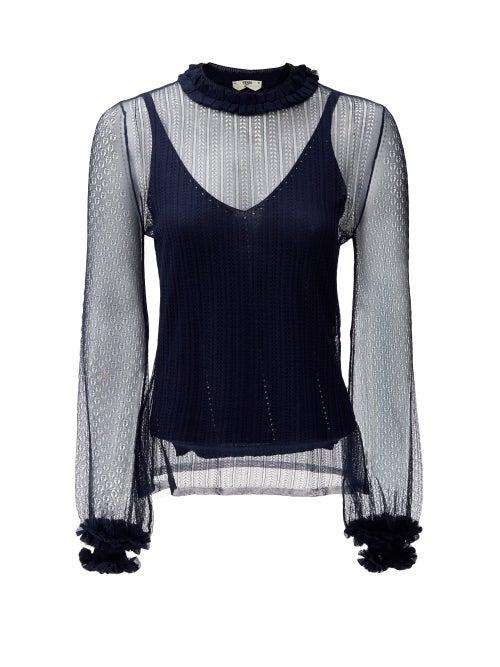 Matchesfashion.com Fendi - High-neck Ruffle-trim Lace Top - Womens - Blue