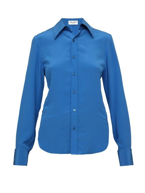 Saint Laurent - Rounded-hem Crepe Blouse - Womens - Blue