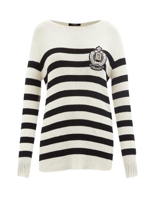 Ladies Rtw Balmain - Zardozi-embroidered Striped Cotton-blend Sweater - Womens - Black White