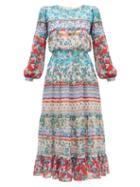 Matchesfashion.com Saloni - Isabel Floral Print Silk Midi Dress - Womens - Blue Multi