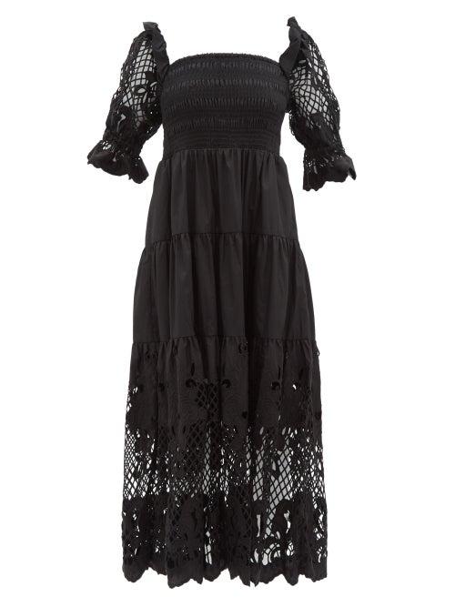 Self-portrait - Shirred Lattice-embroidered Cotton Dress - Womens - Black