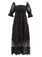 Self-portrait - Shirred Lattice-embroidered Cotton Dress - Womens - Black