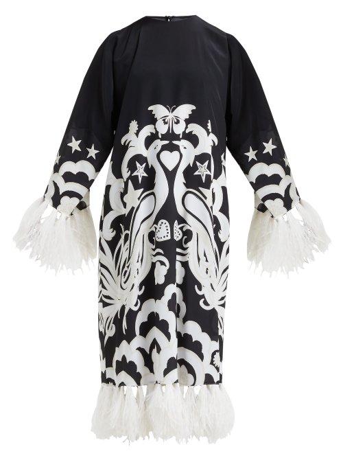Matchesfashion.com Valentino - Feather Trimmed Silk Crepe De Chine Midi Dress - Womens - Black White