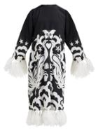 Matchesfashion.com Valentino - Feather Trimmed Silk Crepe De Chine Midi Dress - Womens - Black White
