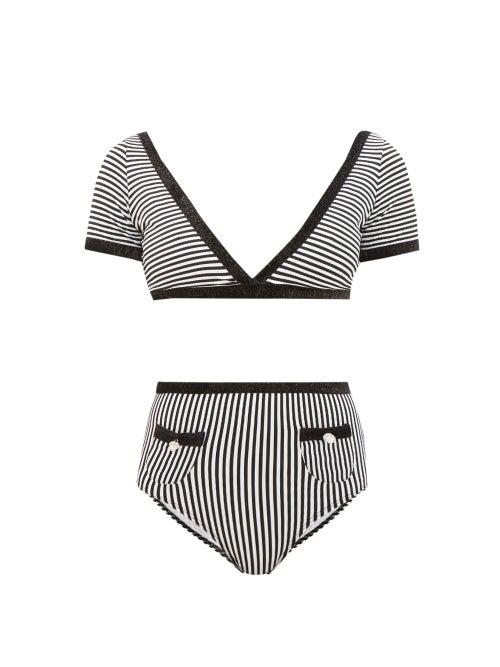 Matchesfashion.com Leslie Amon - Marylou Glitter-trim Striped Bikini - Womens - Black Stripe