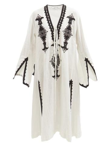 Fil De Vie - Melilla Embroidered Linen Kaftan Dress - Womens - Cream
