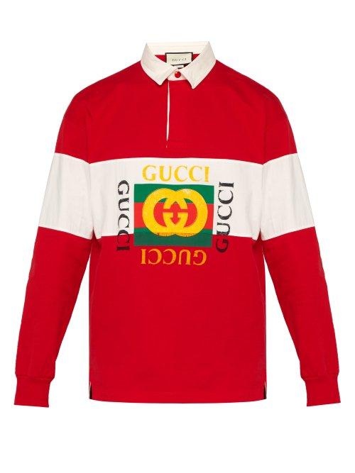 Matchesfashion.com Gucci - Fake Logo Cotton Jersey Rugby Shirt - Mens - Red
