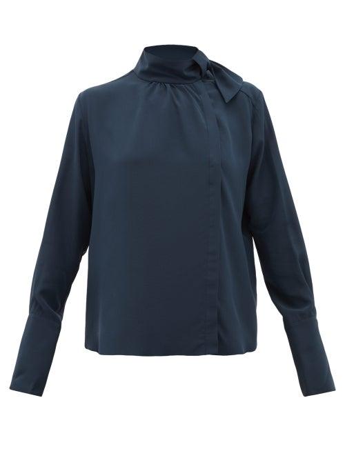 Matchesfashion.com Fendi - Tie-neck Silk Crepe De Chine Blouse - Womens - Navy