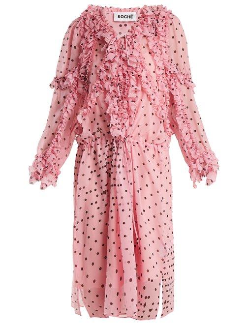 Matchesfashion.com Koch - Ruffled Polka Dot Print Silk Dress - Womens - Pink Print