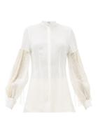 Matchesfashion.com Loewe - Embroidered Pleated-sleeve Crepe Blouse - Womens - White