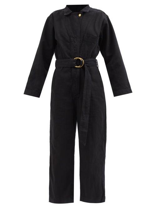 B Sides - Clement Belted Denim Wide-leg Cropped Jumpsuit - Womens - Black