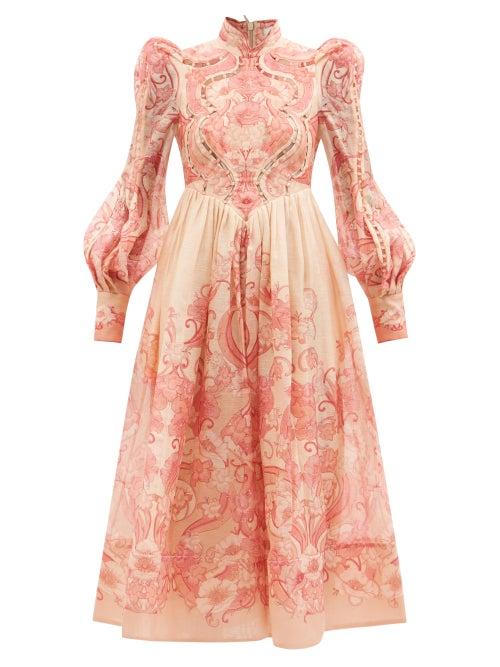Zimmermann - Concert Poppy Printed Organza Midi Dress - Womens - Pink Print