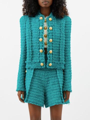 Balmain - Buttoned Tweed Tailored Jacket - Womens - Turquoise