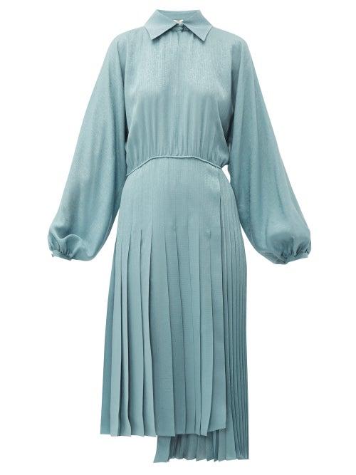 Matchesfashion.com Fendi - Asymmetric Pleated Satin Dress - Womens - Blue