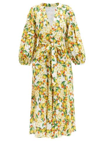 Matchesfashion.com Borgo De Nor - Mia Lemonade-print Cotton Broderie-anglaise Dress - Womens - Yellow White