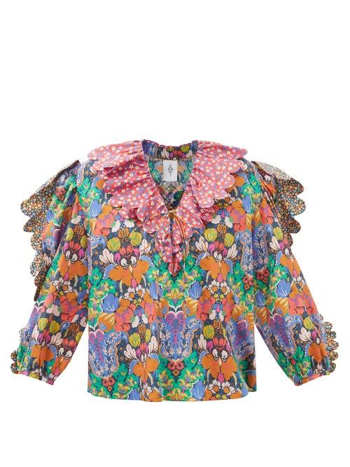 Horror Vacui - Birdie Floral-print Scalloped Cotton-poplin Blouse - Womens - Multi