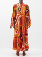 Pucci - Marmo-print Silk Maxi Dress - Womens - Orange Multi