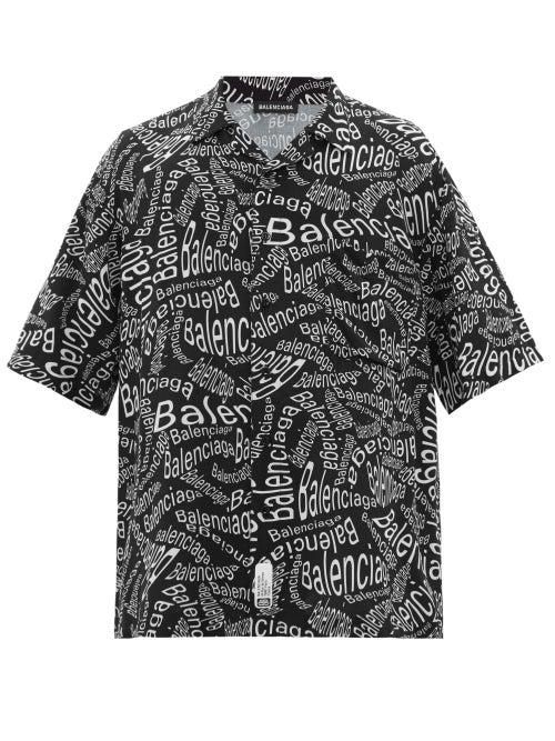 Matchesfashion.com Balenciaga - Oversized Logo Print Poplin Shirt - Mens - Black