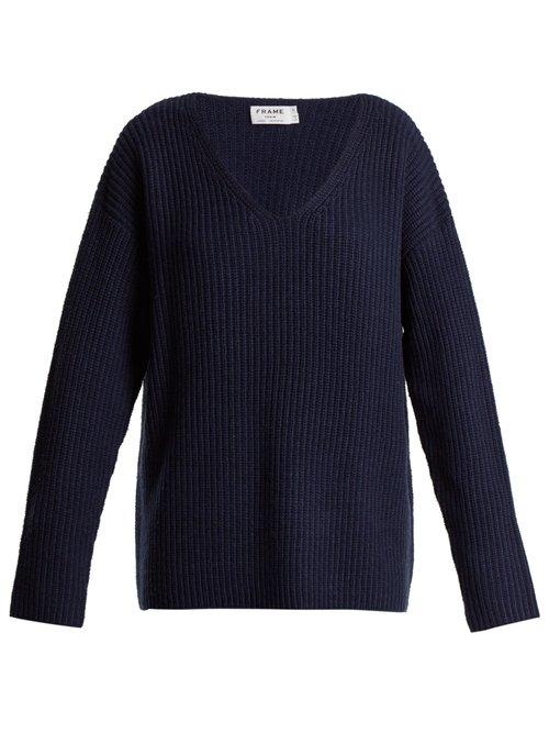 Matchesfashion.com Frame - Oversized V Neck Ribbed Knit Sweater - Womens - Navy