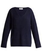 Matchesfashion.com Frame - Oversized V Neck Ribbed Knit Sweater - Womens - Navy