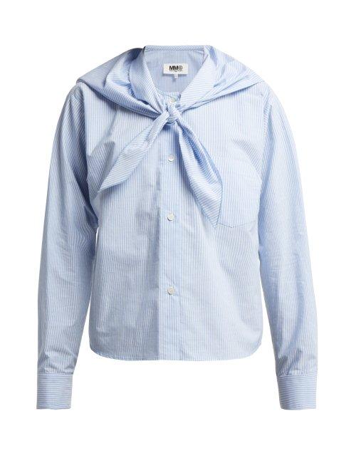 Matchesfashion.com Mm6 Maison Margiela - Tie Front Cotton Poplin Shirt - Womens - Blue Stripe