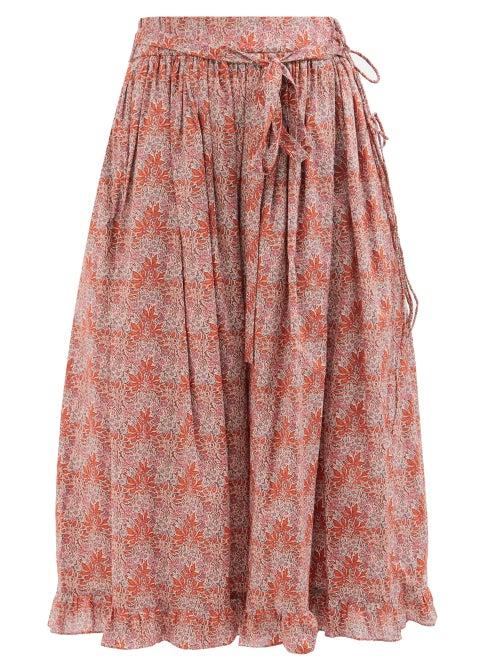 Horror Vacui - Lina Aubrey Forest-print Cotton-poplin Midi Skirt - Womens - Red Multi
